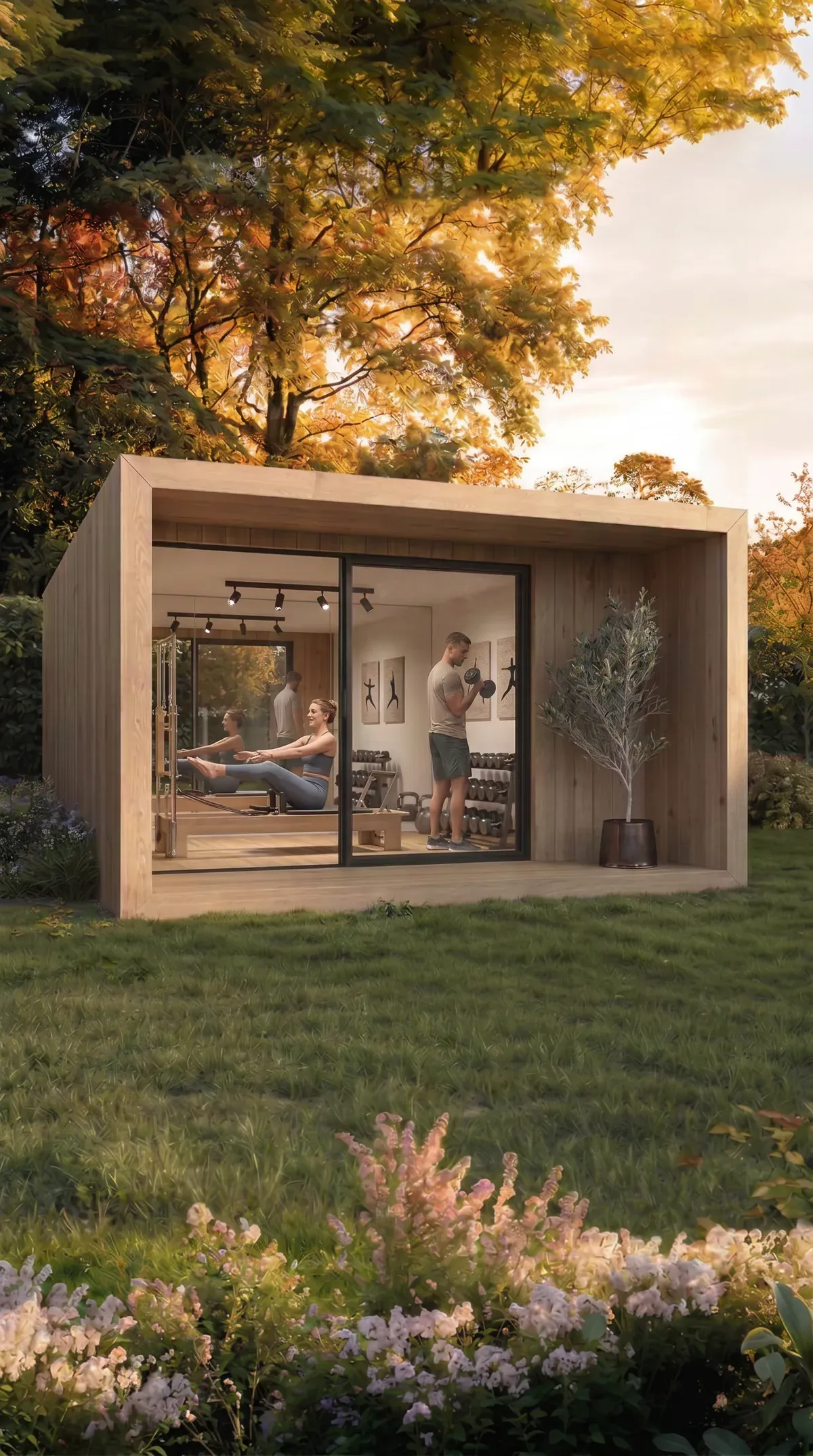Interior de la NOOK Base equipada como gimnasio — módulo modular de hostelería. Visualización.