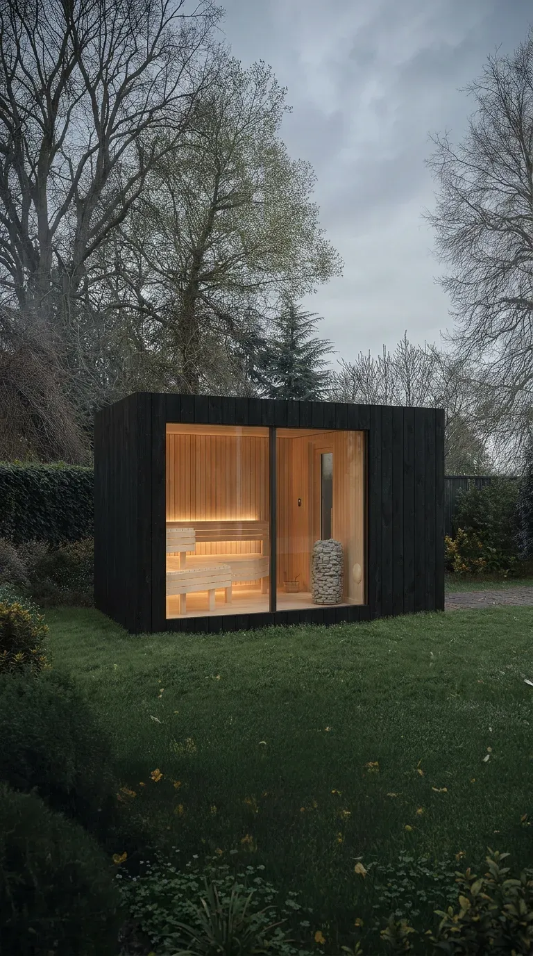 Sauna NOOK a juego con revestimiento negro termotratado — instalación wellness comercial. Visualización.