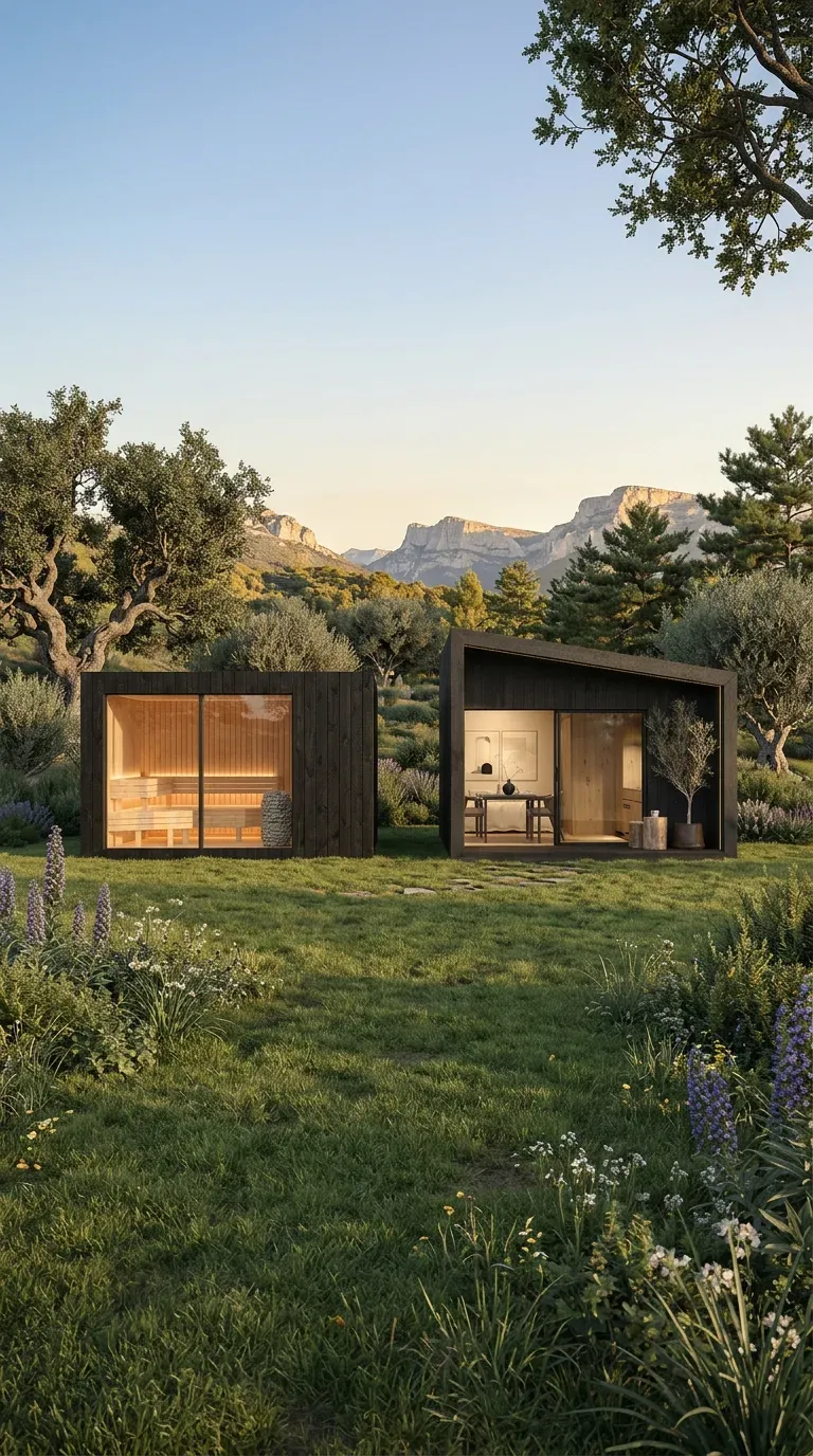 Una suite NOOK con su sauna a juego al anochecer — instalación wellness para hostelería. Visualización.